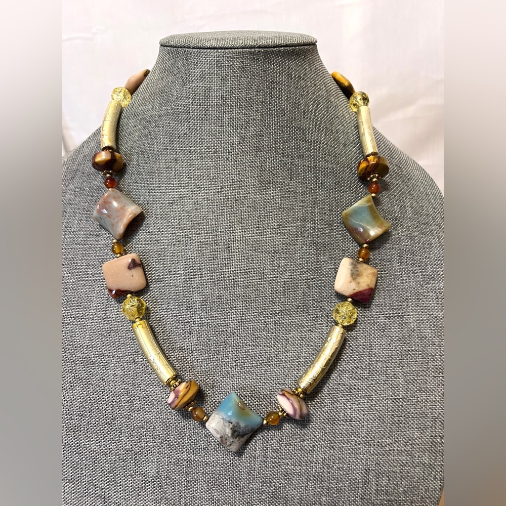 Handmade Chunky Mixed Gemstone & Glass Bead Statement Necklace – Toggle Clasp